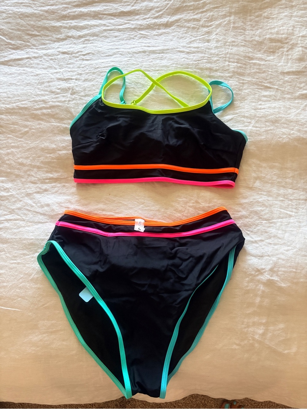 Black Bikini Set with Neon Trim - Sporty Crossback Top and High-Waist Bottom